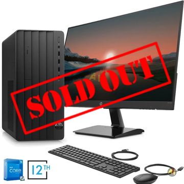 HP desktop computer with Intel Core i5 12th Gen, monitor, keyboard, and mouse.