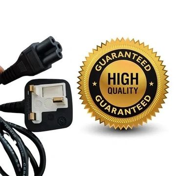 Black electrical power cable with plug and high-quality guarantee badge.