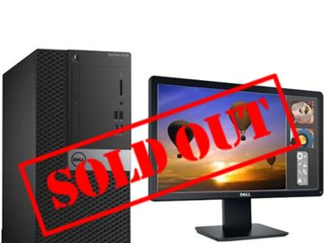 Dell desktop computer with monitor displaying hot air balloons at sunset.