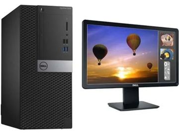 Dell desktop computer with monitor displaying hot air balloons at sunset.