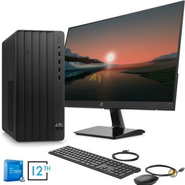 HP desktop computer with Intel Core i5 12th Gen, monitor, keyboard, and mouse.