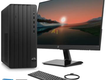 HP desktop computer with Intel Core i5 12th Gen, monitor, keyboard, and mouse.