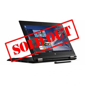 Lenovo convertible laptop with touchscreen and stylus pen, shown in tent mode.