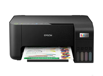 Epson inkjet printer with color ink tanks printing a colorful document.