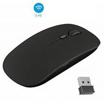 Sleek black wireless mouse with USB receiver for 2.4G connectivity.