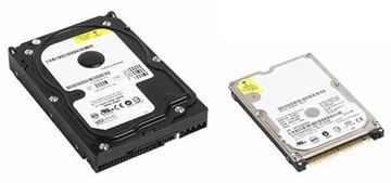 Two computer hard drives, one larger and one smaller, side by side on a white background.