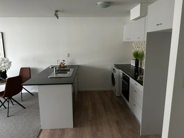 Modern kitchen with sleek countertops and minimalist design.