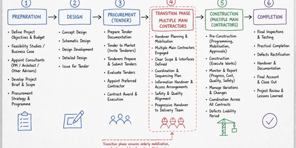 Flowchart detailing traditional construction procurement with a transition phase involving multiple main contractors.