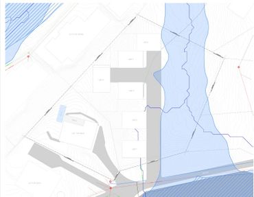 Site plan showing lots, units, roads, and a water body with contour lines.