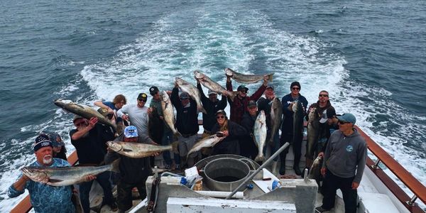 Group of fisherman holding White Seabass on a private fishing charter