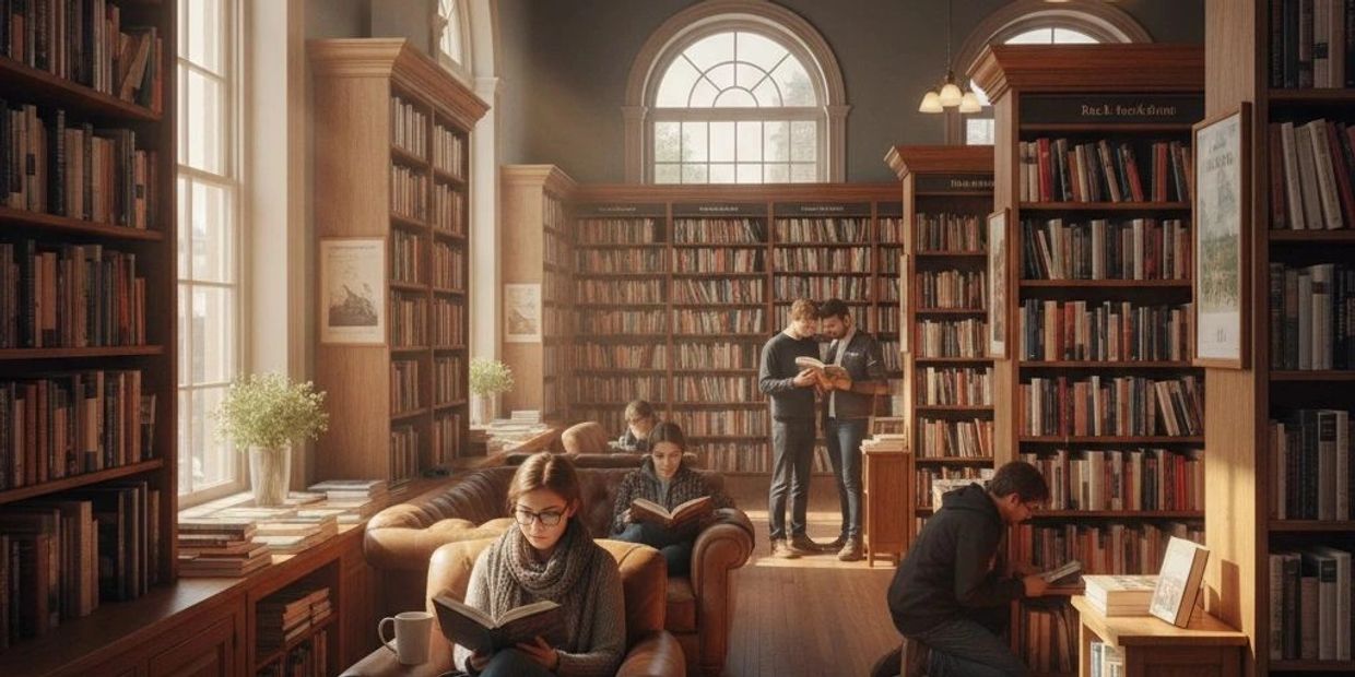 A cozy library with people reading and studying amid warm natural light.