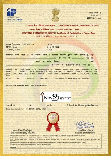 Official Indian trademark registration certificate for Key2Invest dated June 14, 2024.