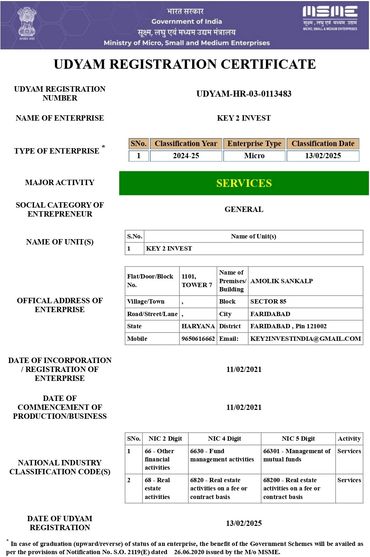 Udyam Registration Certificate for KEY 2 INVEST, a Micro enterprise in Services, registered in Faridabad.