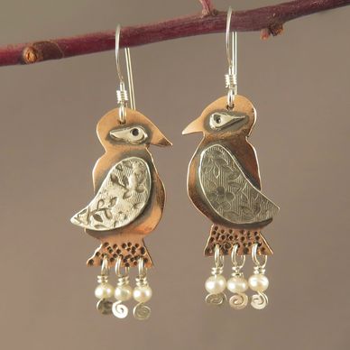 Almamia Jewelry by Karina Mendoza-Wittke, Forhed birds in copper and sterling silver