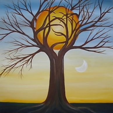 Sun resting in tree branches by moonlight. Original art by Martina Goldberg