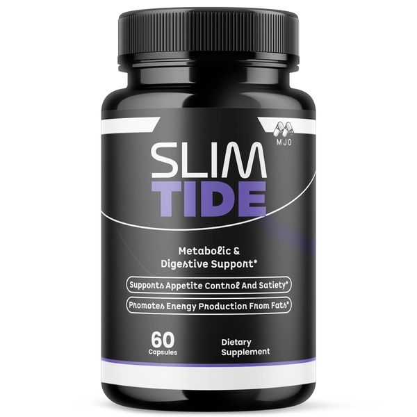 Black bottle of Slim Tide dietary supplement with 60 capsules.