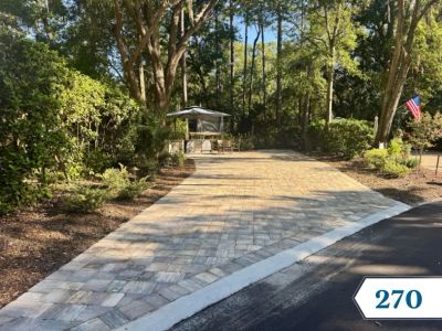 A paved driveway lined with trees and an American flag.