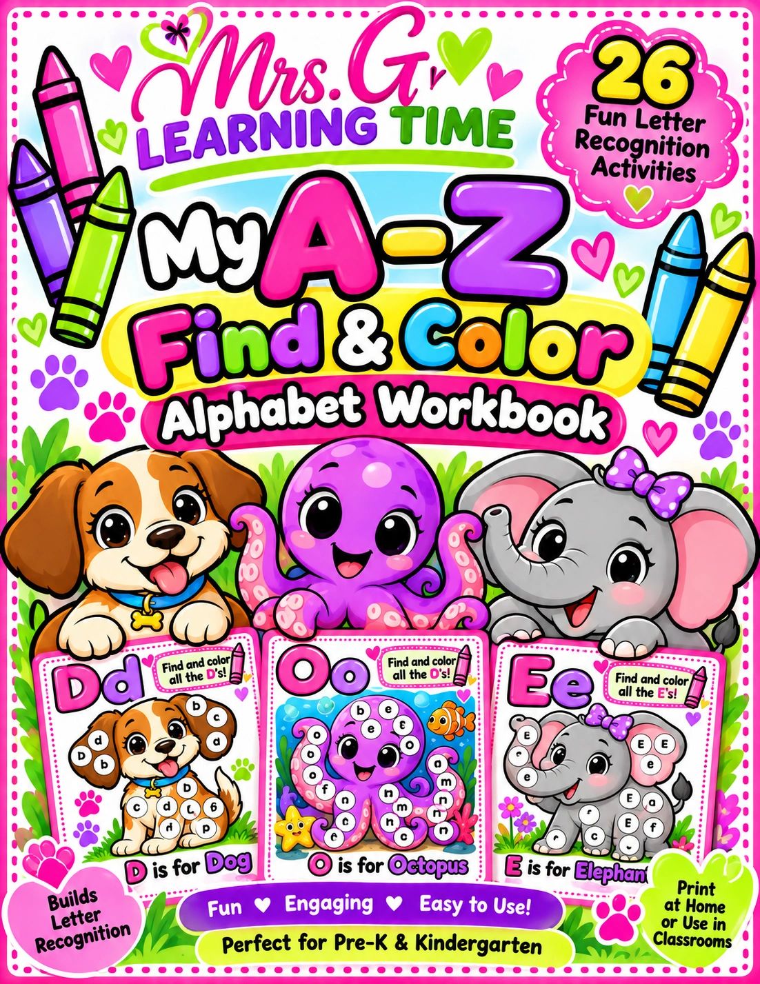Colorful alphabet workbook for kids with fun animal themes.