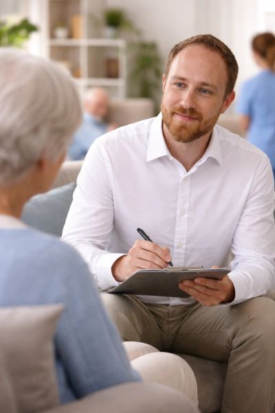 A man attentively listens and takes notes while speaking with an elderly woman.