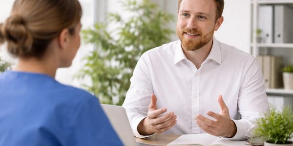 Man in white shirt talking to healthcare professional in blue scrubs.
