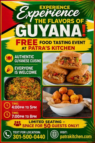 Flyer for a free Guyana food tasting event at Patra's Kitchen.