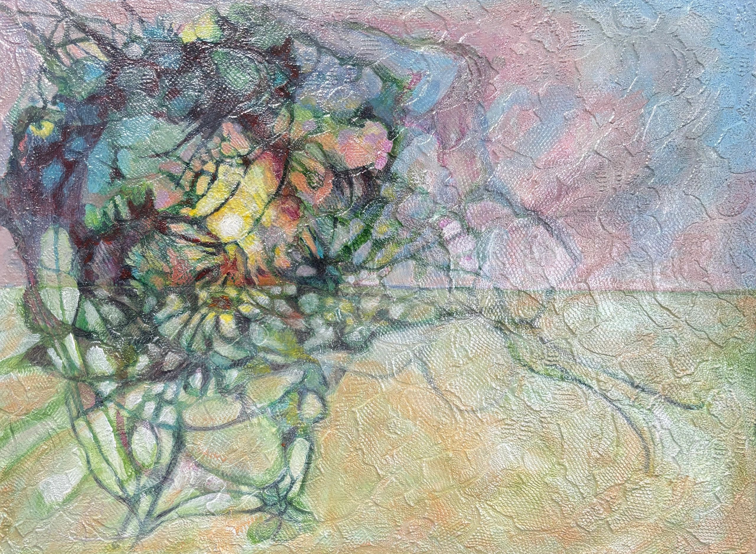 Abstract textured painting with pastel colors and organic shapes.