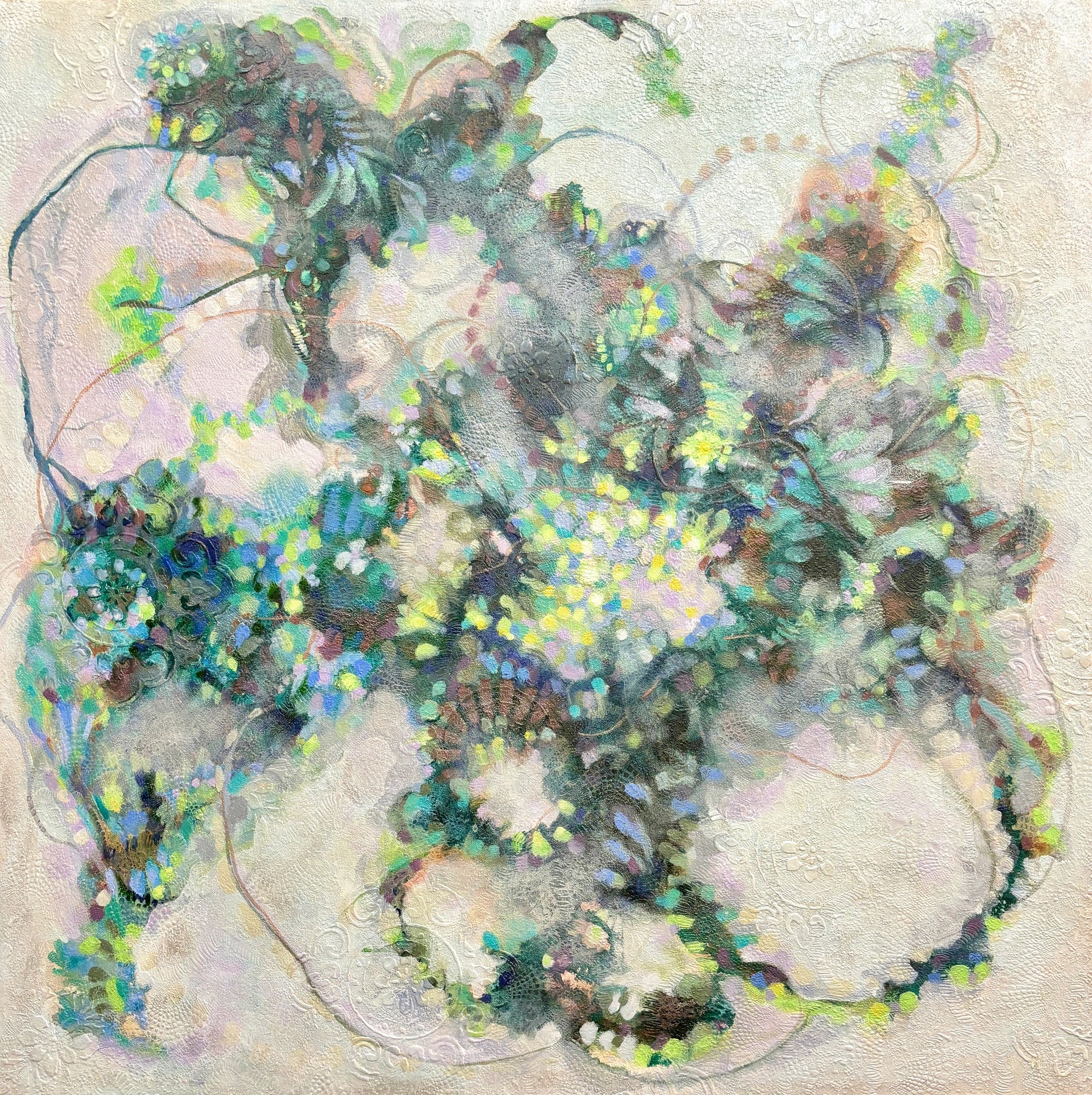 Intricate abstract painting with soft pastel colors and delicate textures.
