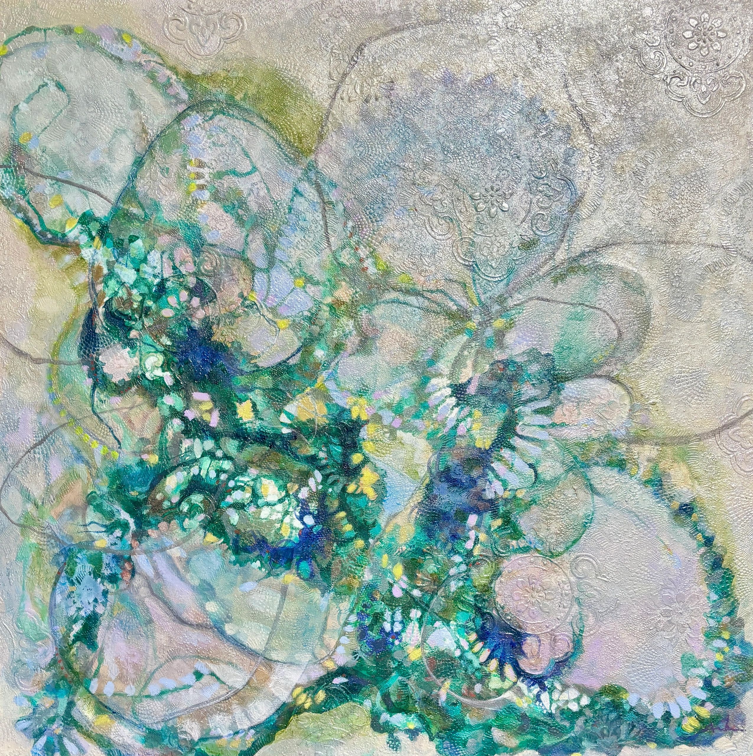 Abstract textured artwork with pastel and blue hues.