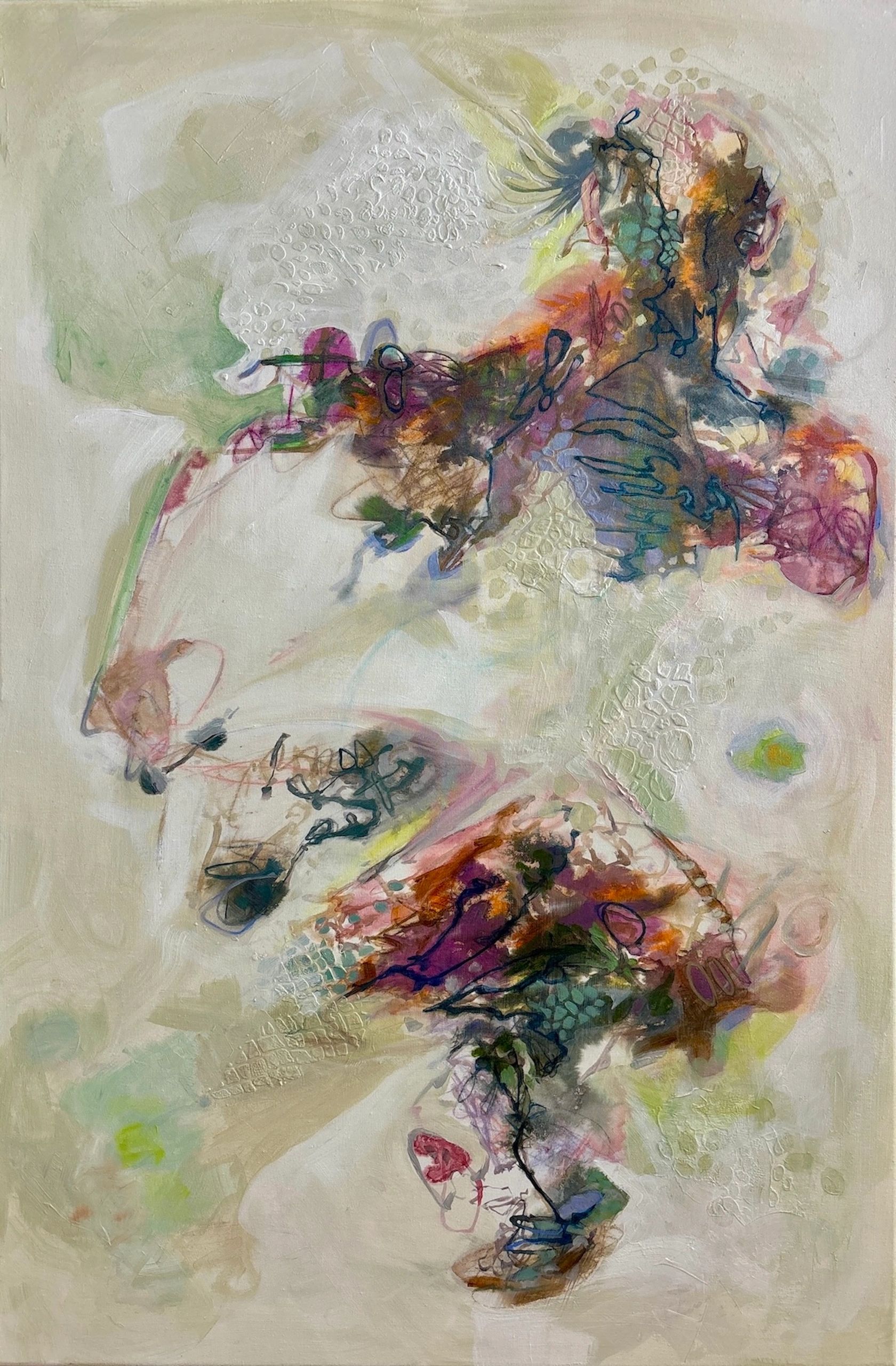 Abstract painting with soft beige background and vibrant multicolored swirls.