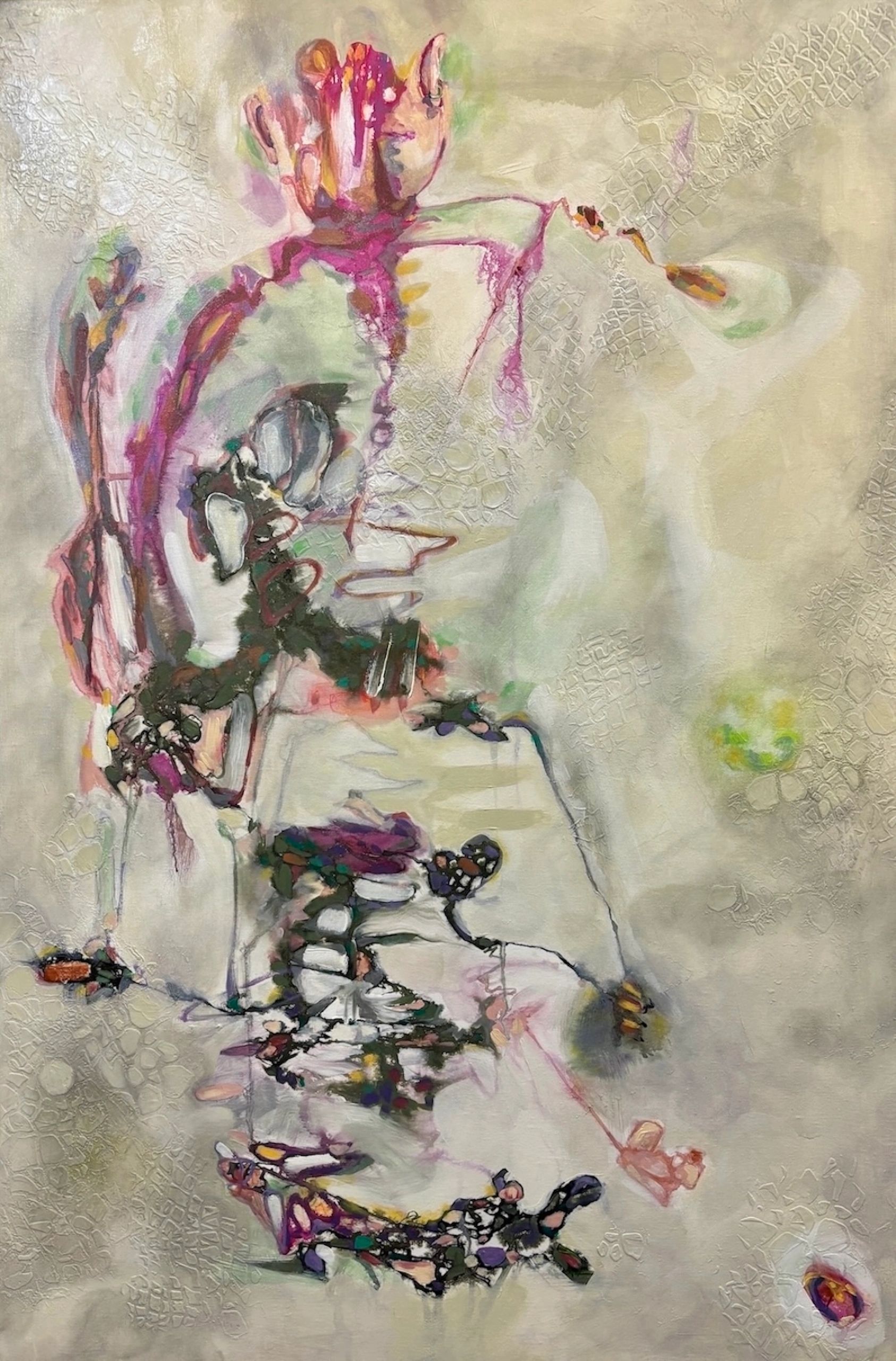 Abstract painting of a figure with vibrant colors and textured background.