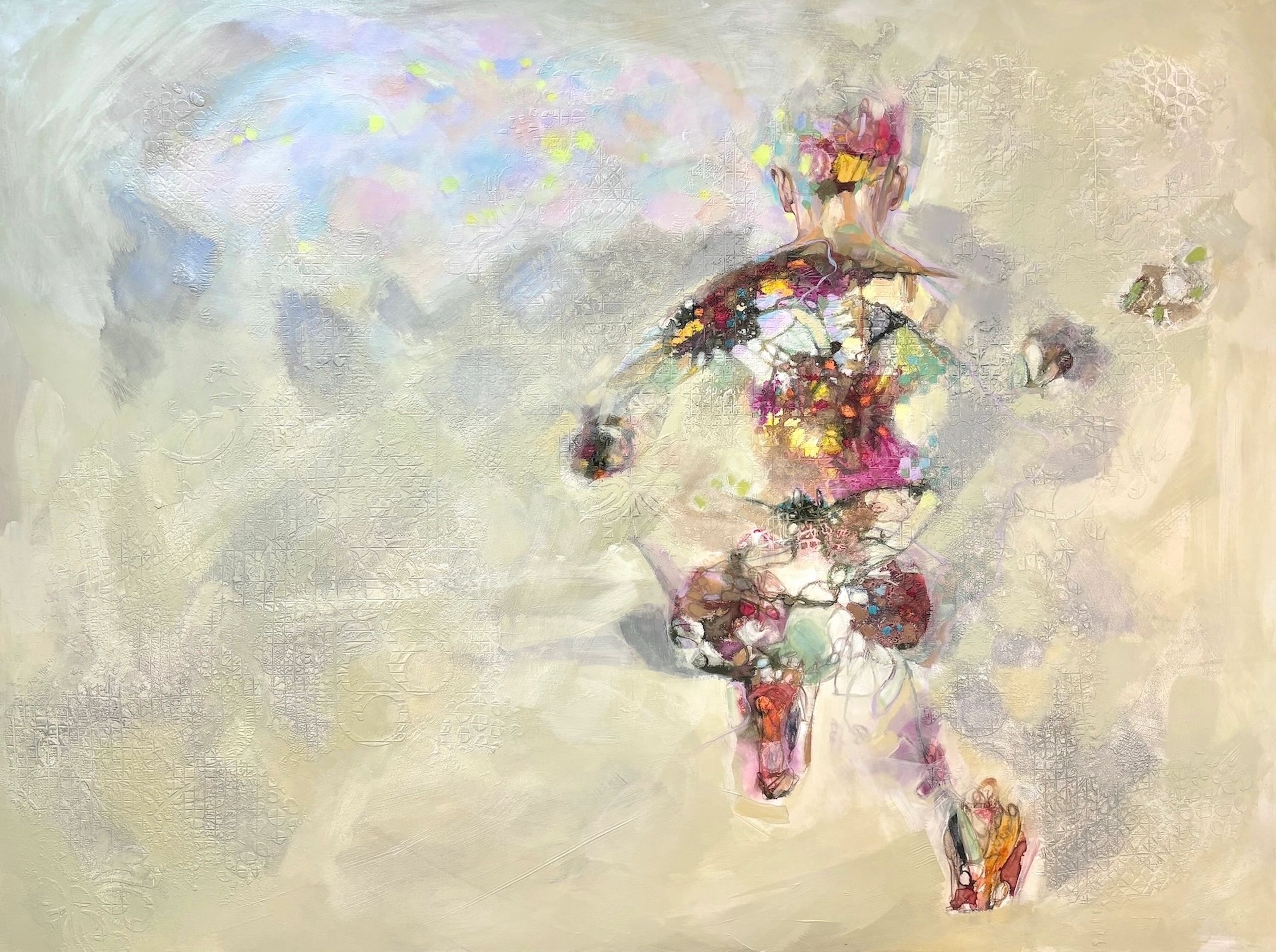 Abstract painting of a figure running with colorful and textured brush strokes.