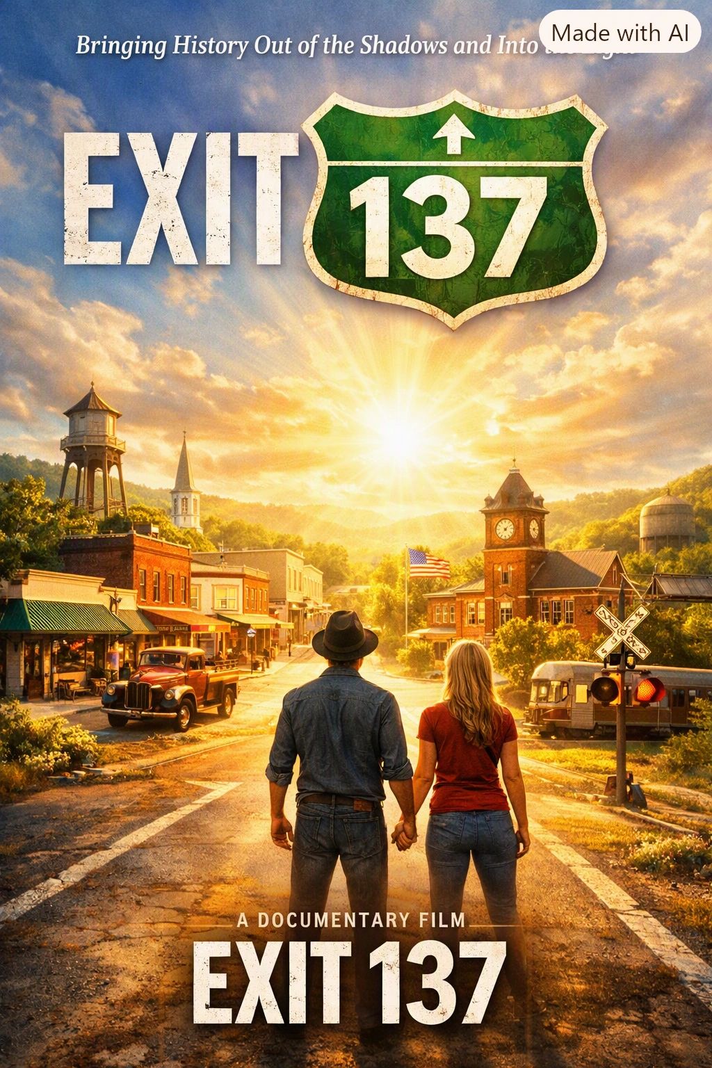Two people holding hands looking at a small town during sunset.