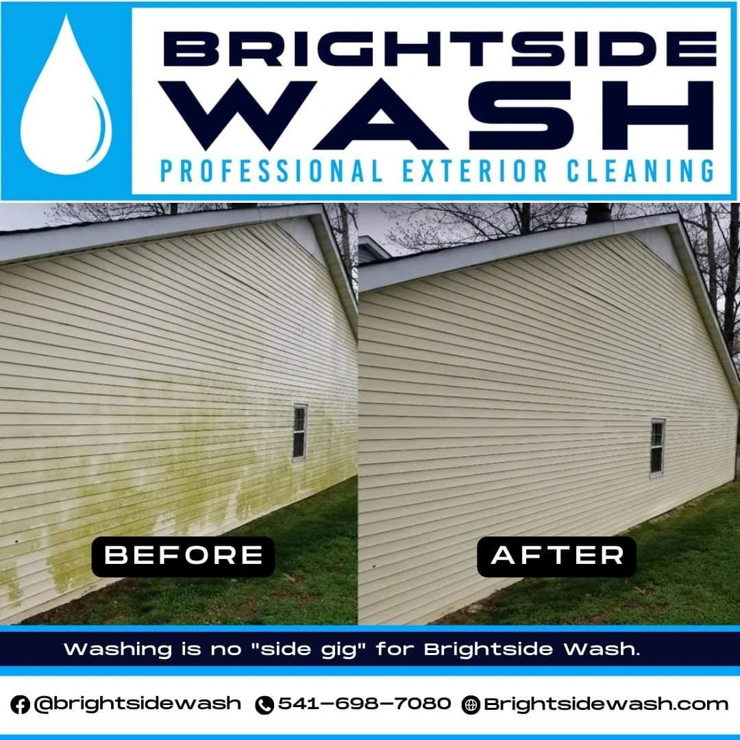 Before and after photo of a house exterior cleaned by Brightside Wash.