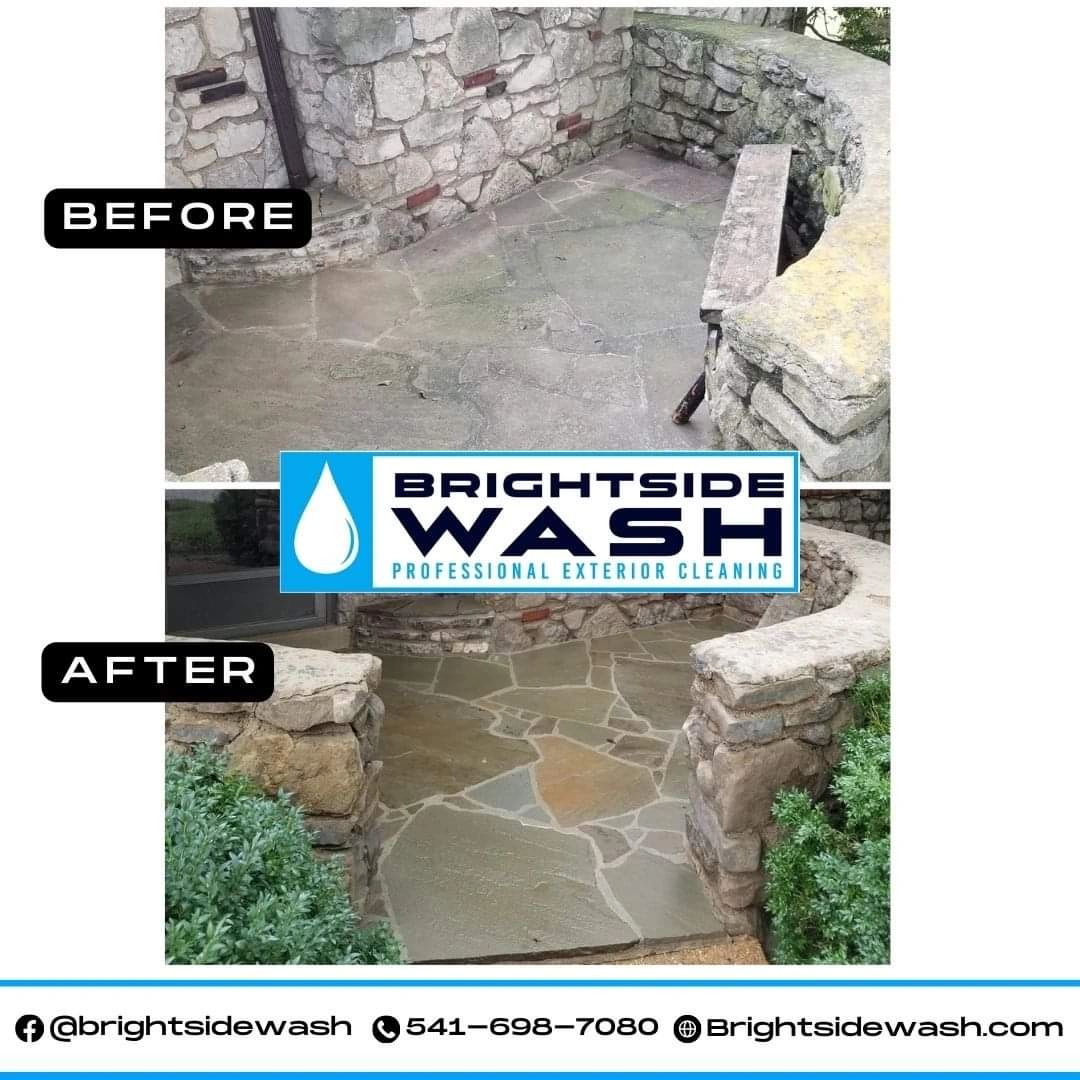 Before and after stone patio cleaning by Brightside Wash showing dramatic improvement.