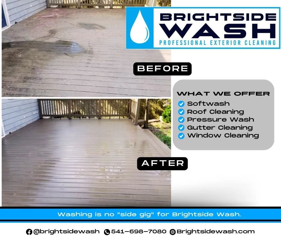 Before and after deck cleaning by Brightside Wash, showing a spotless exterior transformation.