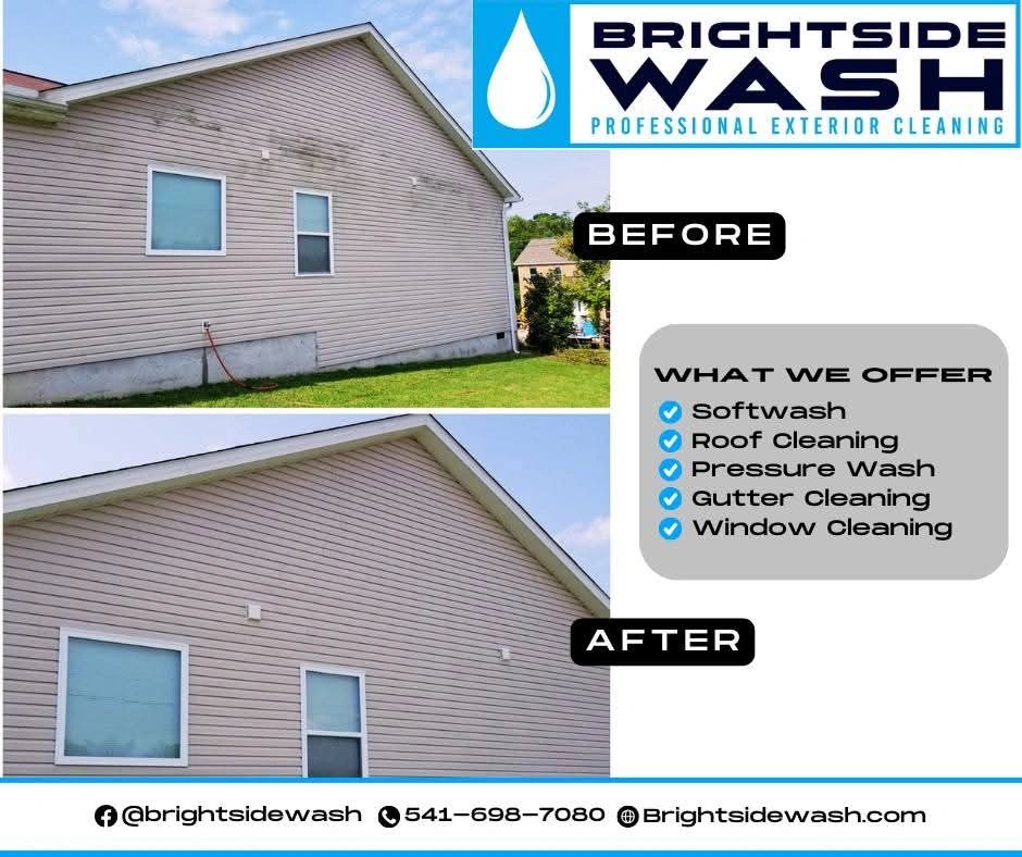 Before and after exterior cleaning by Brightside Wash showing a cleaner house side.