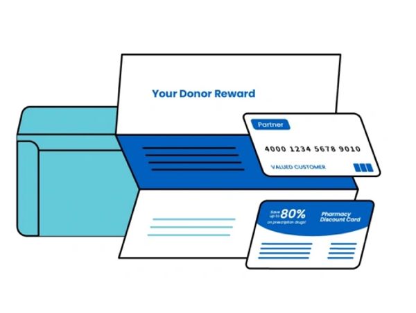 Illustration of donor reward cards and a pharmacy discount card inside a teal envelope.