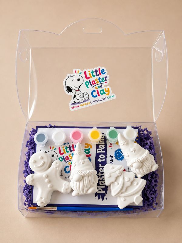 Plaster and clay painting kit with festive shapes and colors.