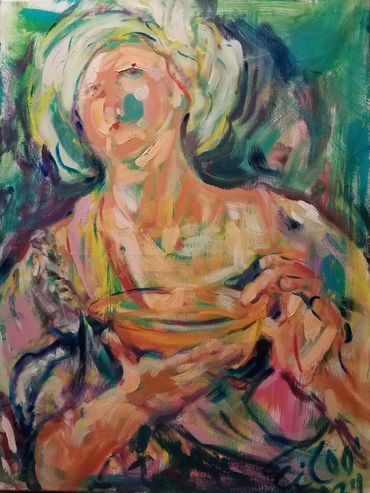 Abstract painting of a person holding a bowl, with vibrant colors and fluid brushstrokes.