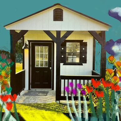 A painting of a house and flowers