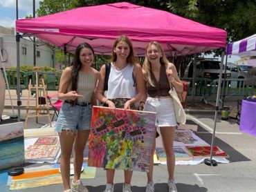 Three women doing art shopping