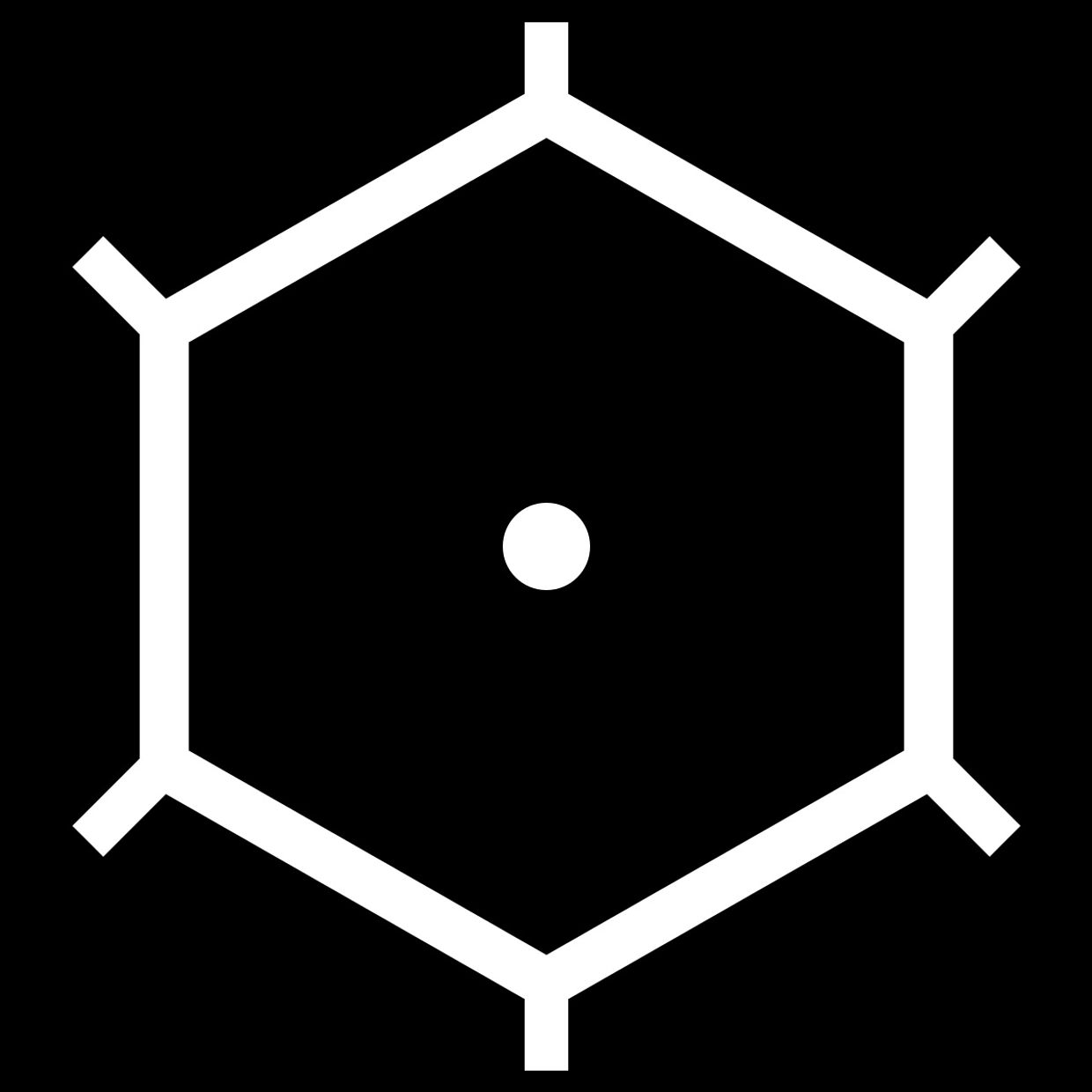Hexagonal shape with a central dot on a black background.
