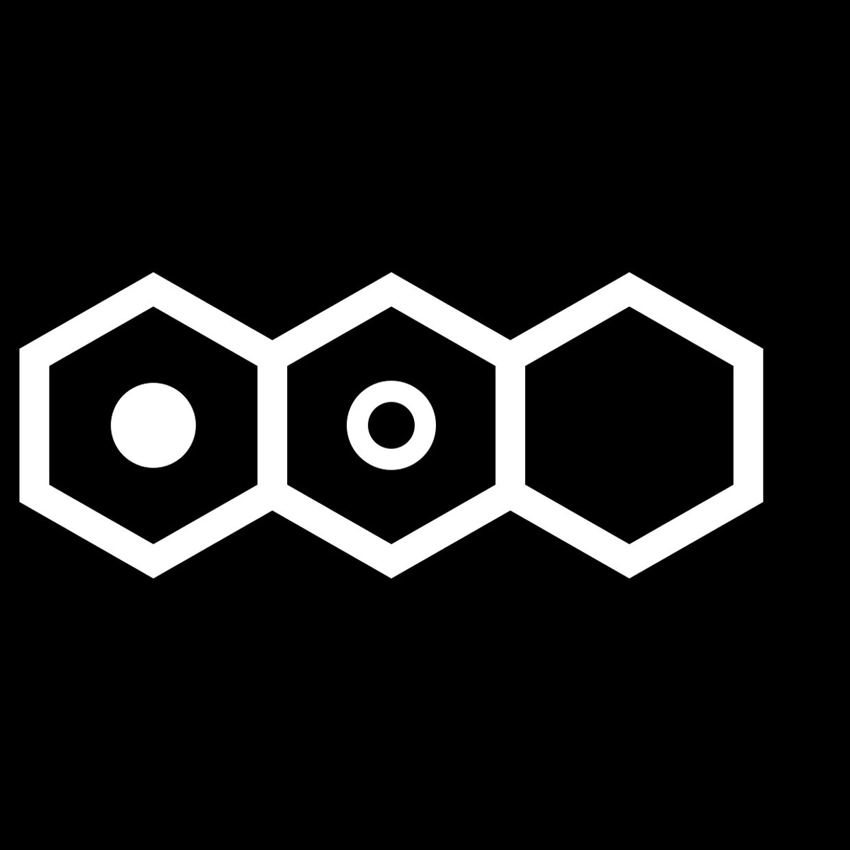 Three connected hexagons with different circle patterns inside on black background.