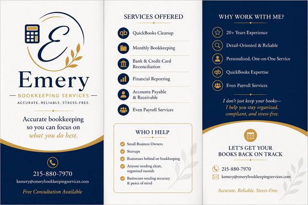 Brochure for Emery Bookkeeping Services detailing offerings and contact info.