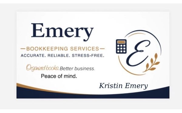 Business card for Emery Bookkeeping Services with a calculator logo.