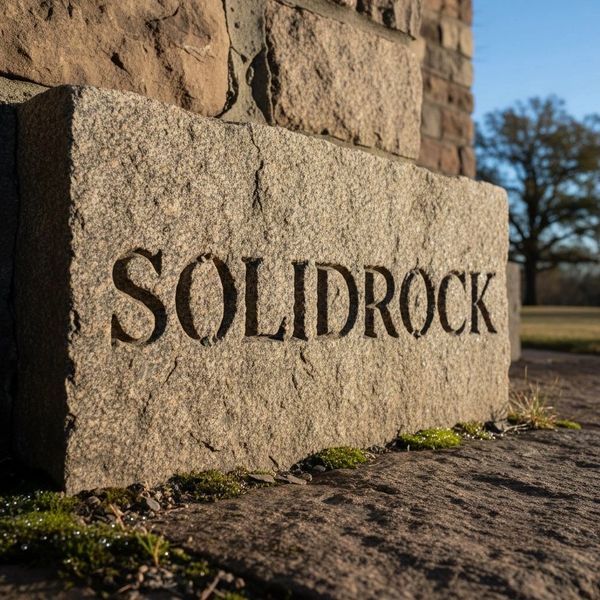 Close-up of a stone block engraved with 'SOLIDROCK'.