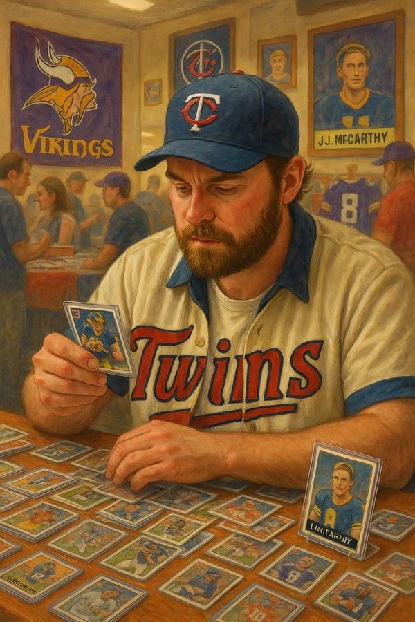 A man in a Twins baseball jersey studies vintage sports cards in a room adorned with Vikings memorabilia.