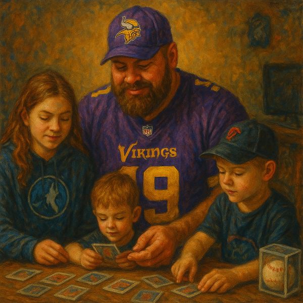 A father and his children play a card game together at a table.