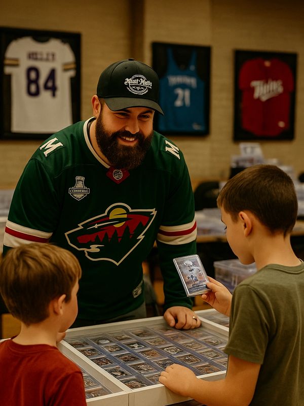 Man in a hockey jersey shows sports cards to two boys.