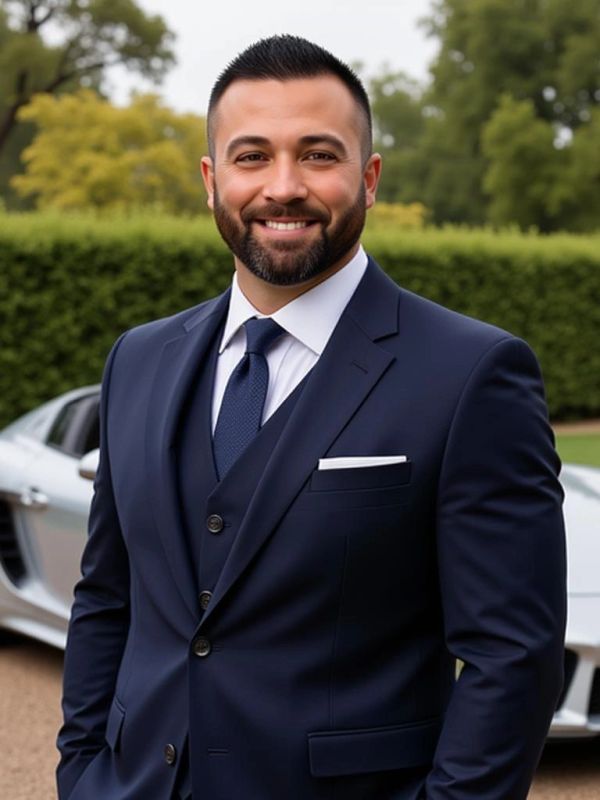 Man in navy blue suit smiling outdoors.